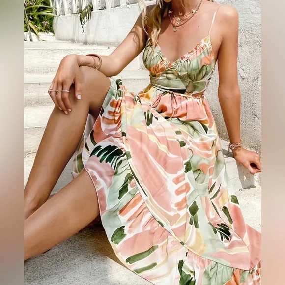 Watercolor Spaghetti Strap Summer Midi Dress Sz M Valentines Date Night Gift - Picture 10 of 12